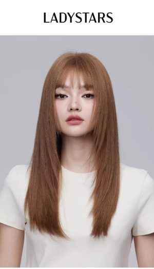Tóc gải nữ LADYSTARS dài tỉa layer màu nâu tây có mái bằng tóc thật siêu da