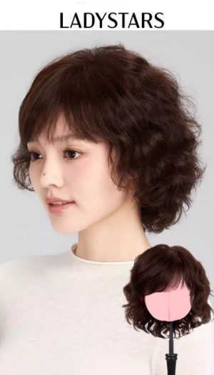 Tóc giả nữ LADYSTARS kiểu ngắn xoăn trứng bồng bềnh bằng tóc thật có da đầu