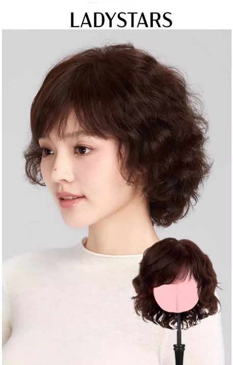 Tóc giả nữ LADYSTARS kiểu ngắn xoăn trứng bồng bềnh bằng tóc thật có da đầu