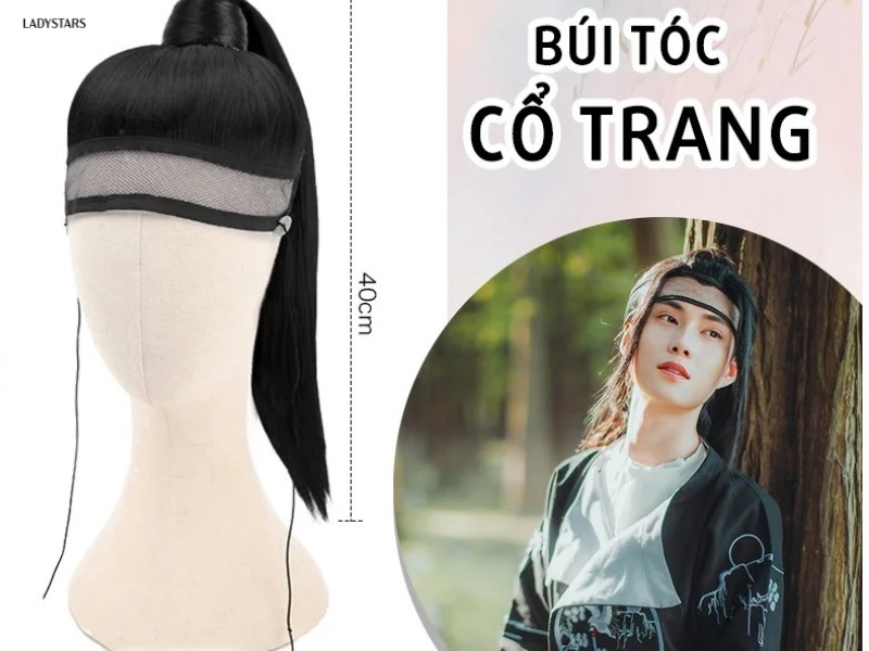 Tóc giả cổ trang kiếm hiệp kèm băng đô trán cột cao