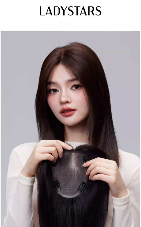 Tóc giả mái phủ hói LADYSTARS size 11x15cm thẳng đen tự nhiên móc thay thủ công có da đầu
