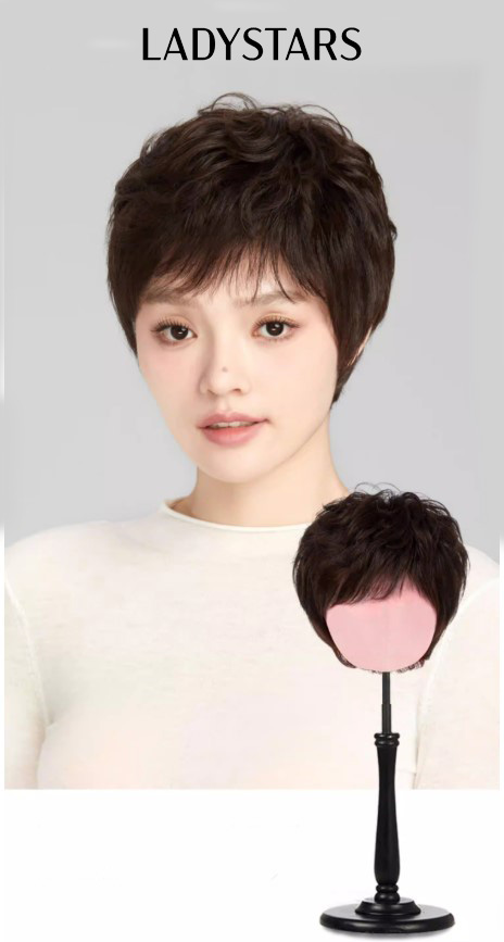 Tóc giả nguyên đầu tém LADYSTARS xoăn bồng nhẹ màu nâu sẫm bằng tóc thật có da đầu