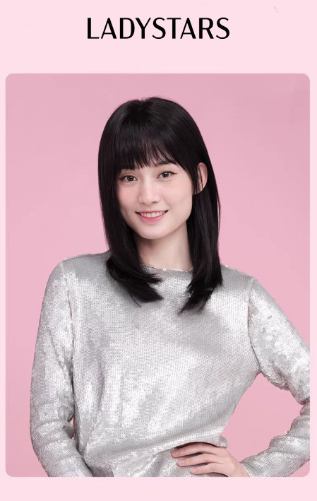 Tóc giả nữ LADYSTARS dài thẳng đến xương quai xanh , đuôi cúp có mái bằng tóc thật có da đầu