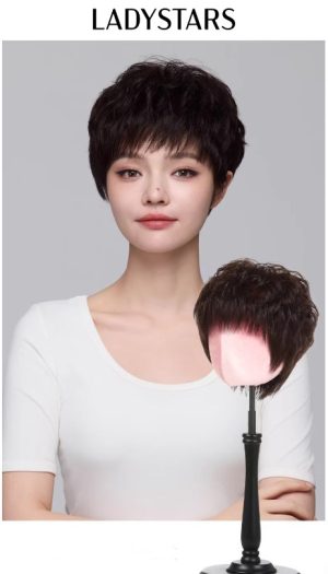 Tóc giả tém ngắn LADYSTARS xoăn bồng trẻ trung cá tính bằng tóc thật có da đầu