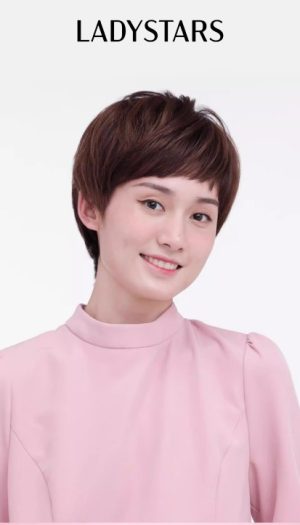 Tóc giả tém nữ LADYSTARS thẳng mái lệch nâu hạt dẻ trẻ trung bằng tóc thật có da đầu