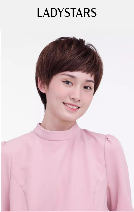 Tóc giả tém nữ LADYSTARS thẳng mái lệch nâu hạt dẻ trẻ trung bằng tóc thật có da đầu