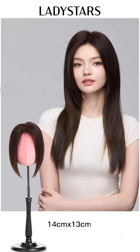 Tóc mái phủ hói LADYSTARS thẳng dài size rộng 13x14cm che phủ cả đầu bằng tóc thật có da đầu