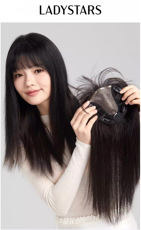 Tóc mái phủ hói bạc LADYSTARS móc tay mono size 12x14cm có mái bằng tóc thật