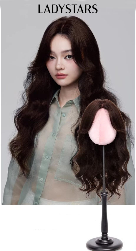 Tóc giả nữ LADYSTARS dài xoăn lơi rẽ ngôi mái pháp bằng tóc thật siêu da đầu