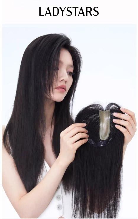 Tóc mái phủ hói bạc LADYSTARS bản rộng một đường ngôi da đầu silicon bằng tóc thật