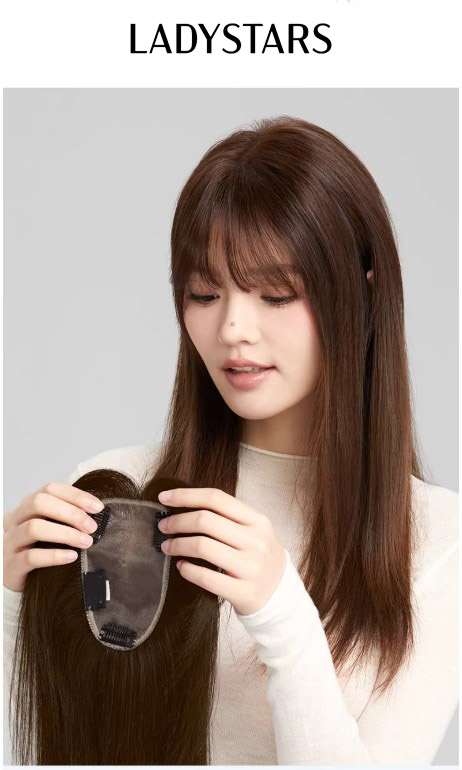 Tóc giả mái phủ hói bạc LADYSTARS có mái màu nâu tây móc tay mono size 13x9 cm bằng tóc thật