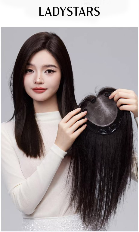 Tóc mái phủ hói bạc LADYSTARS size rộng 15x16,5 cm móc tay thủ công da đầu mono bằng tóc thật