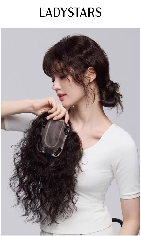 Tóc mái phủ hói LADYSTARS xoăn nhẹ size 13x11 cm móc tay mono da đầu 3D bằng tóc thật