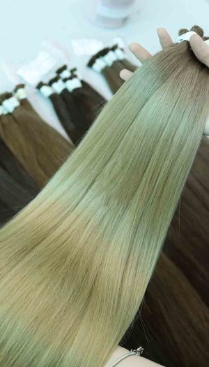 Tóc nối bó màu nâu khói ombre vàng rêu sáng