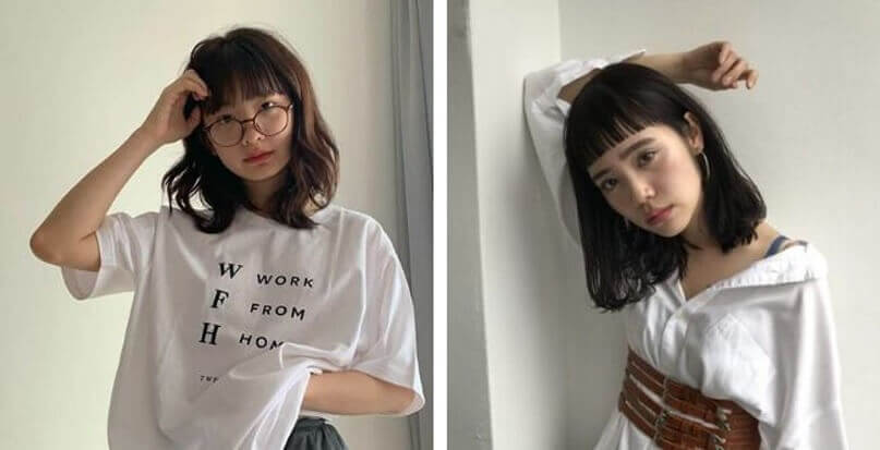 Tóc uốn ngang vai để mái ngố
